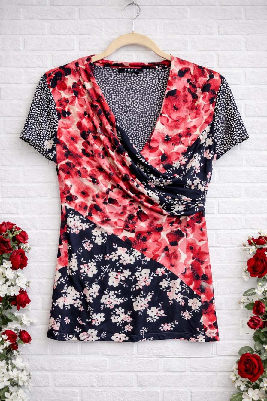 DKNY Floral and Polka Dot Mixed Print Faux Wrap Short Sleeve Blouse